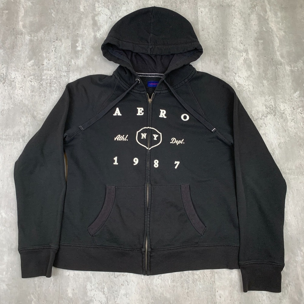 Aeropostale 1987 Athletic Dept‎ Full-Zip Hoodie Womens Large Black Jacket Y2K